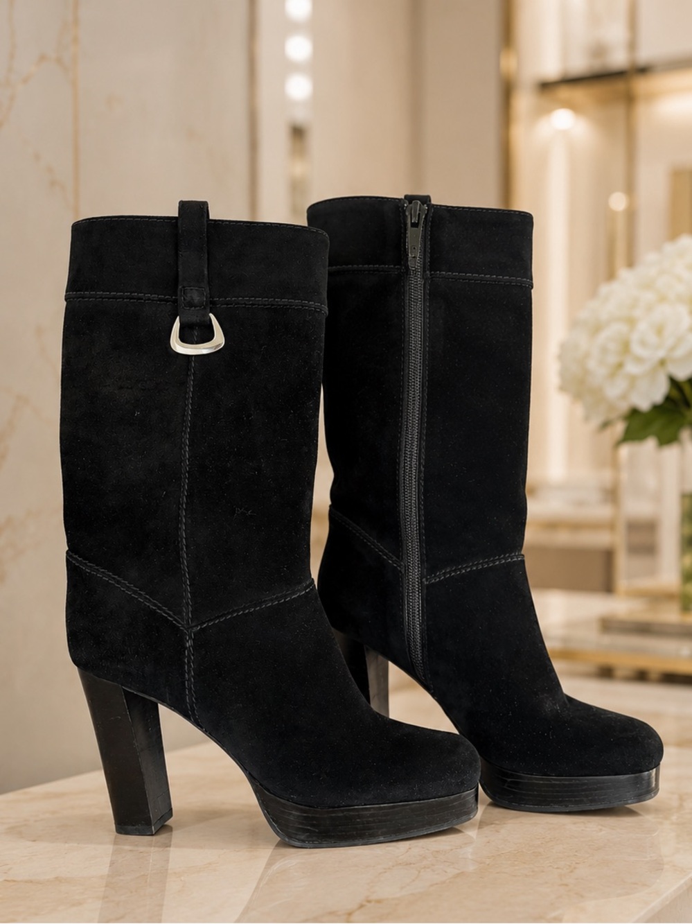 Stuart Weitzman Black Mid-Calf Suede Platform Boots